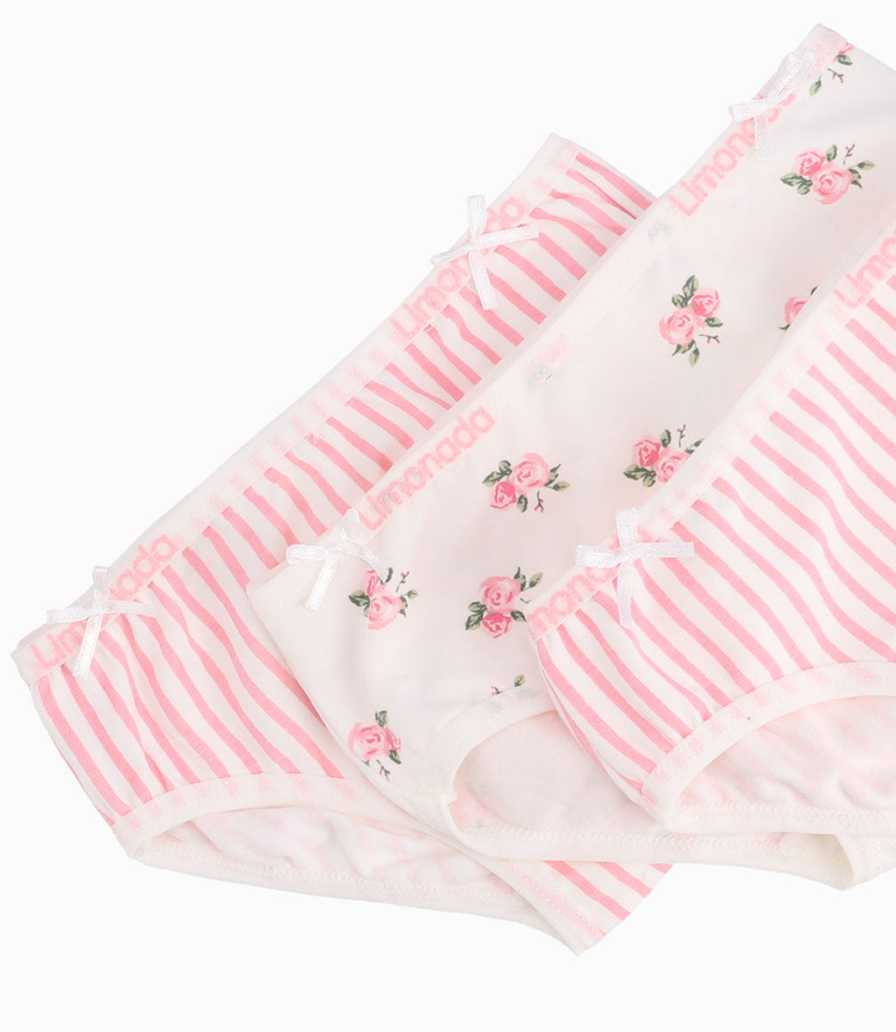 Set Calzón 3 Pares Con Flores y Rayas Niña Rosado Limonada